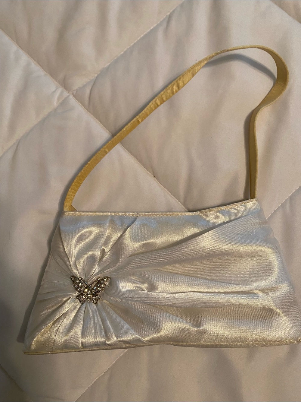 Elegant Ivory Satin Evening Clutch with Crystal Butterfly